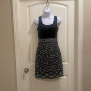 H&M Sleeveless Sheath Dress Woman’s Sz-6 Black Satin Embossed Silver Metallic